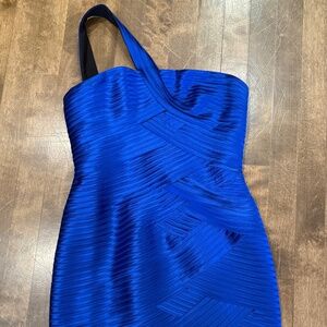 BCBG bandeau blue mini dress with one strap, size 8